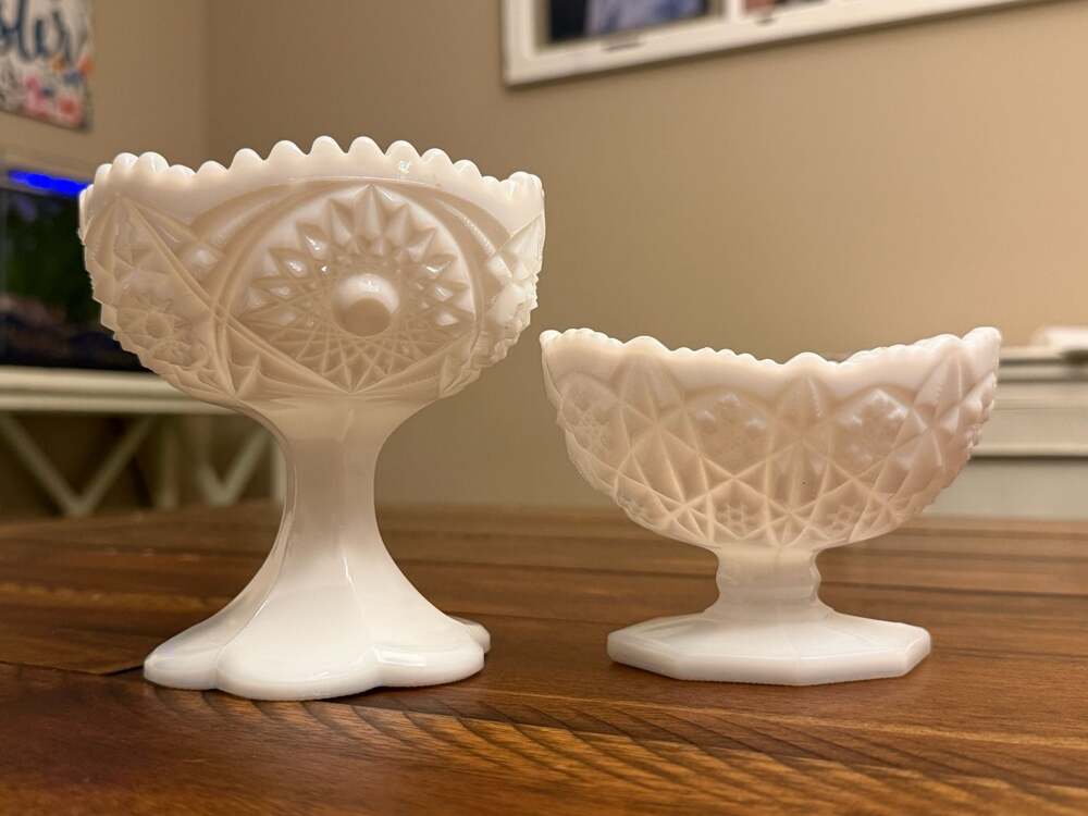 Vintage Kemple Milk Glass Compote Pedestal  bowl Scalloped Rim